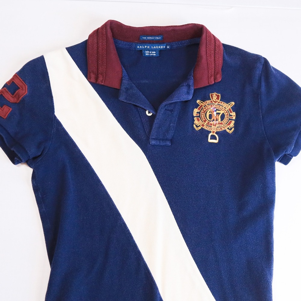 Ralph Lauren Skinny Polo Women M Navy White Sash Crest Equestrian Vintage Y2K - Picture 5 of 11